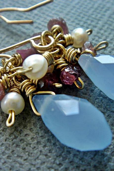 Precious Pink Tourmaline Freshwater Pearl Blue Crystal 14k Gold Filled Earrings