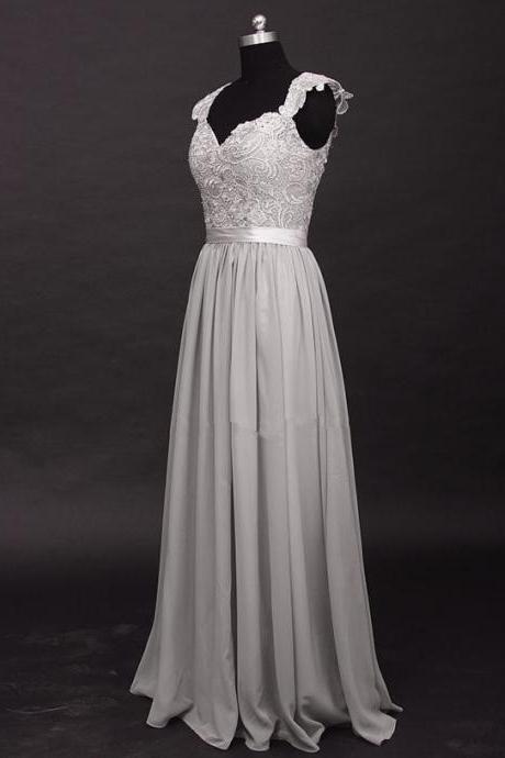Elegant Grey Chiffon Floor Length Prom Dresses With Applique, Grey Bridesmaid Dresses, Wedding Party Dresse, Formal Dresses