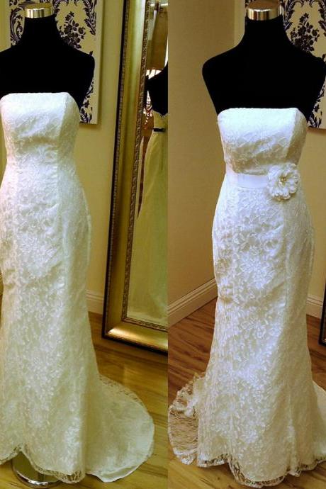 Lace Strapless Straight-Across Floor Length Trumpet Wedding Dress Featuring Floral Embellished Belt and Sweep Train 