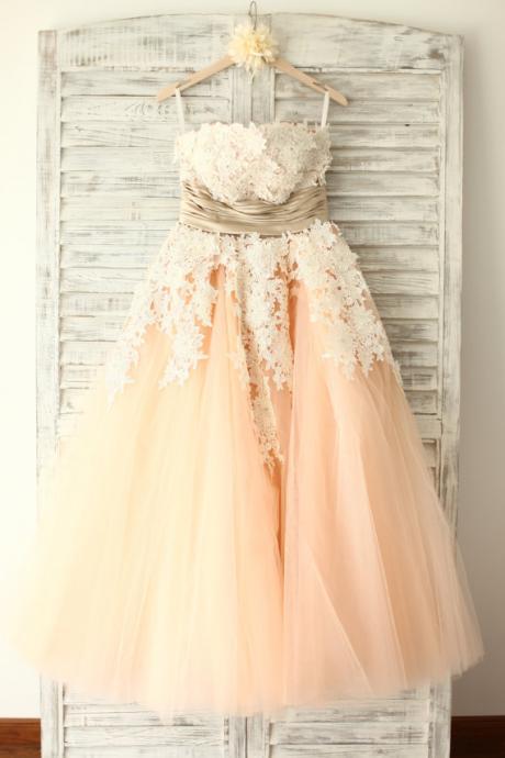 Elegant Pearl Pink Tulle Floor Length Prom Gown 2015 With Applique, Custom-made Prom Gown, Evening Dresses, Formal Dresses