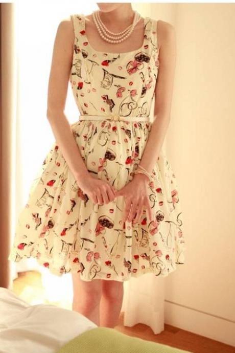 Fashion Womens Floral Printed Sleeveless Chiffon Pleat Belted Swing Dress