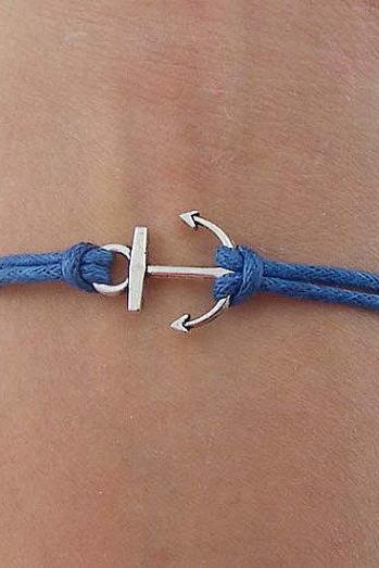 Antique Silver Bracelet, Navy Blue Wax Cords Bracelet, Girls or boys Gift