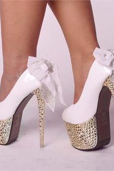 SEXY GLITTER STUDDED SPIKE DIAMANTE BOWKNOT LACE PLATFORM PARTY COURT HIGH HEELS