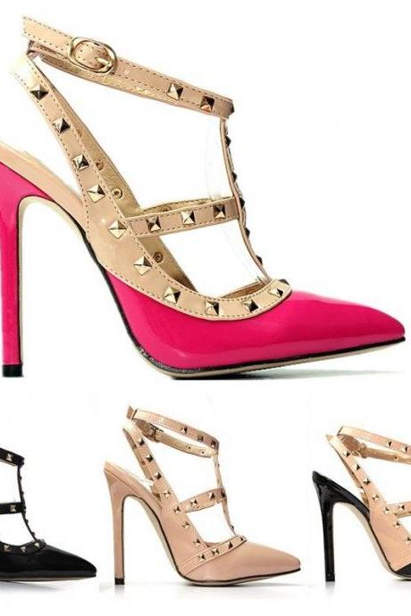 Studded Strappy Pointed Toe Pumps 