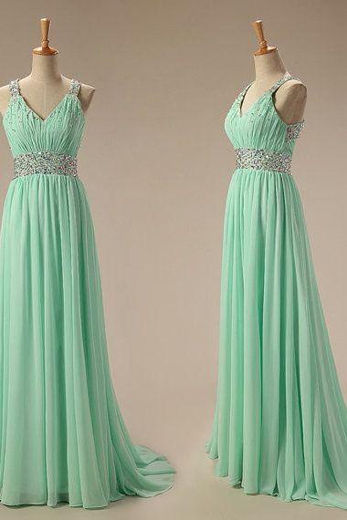 Mint Green Chiffon Floor Length V-neckline Cross Back Prom Gown With Beadings, Sexy Beadings Mint Green Evening Gown, Prom Dresses