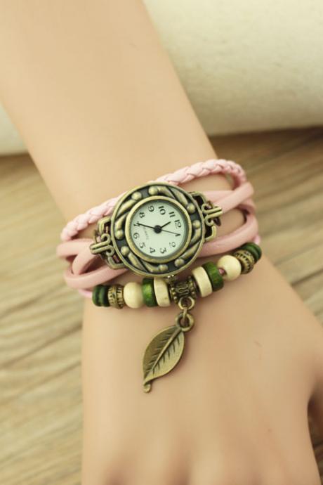 Handmade Vintage Woman Girl Lady Quartz Wrist Watch Style Leather Band Watches Pink