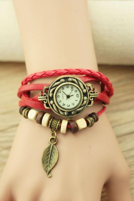 Handmade Vintage Woman Girl Lady Quartz Wrist Watch Style Leather Band Watches Red