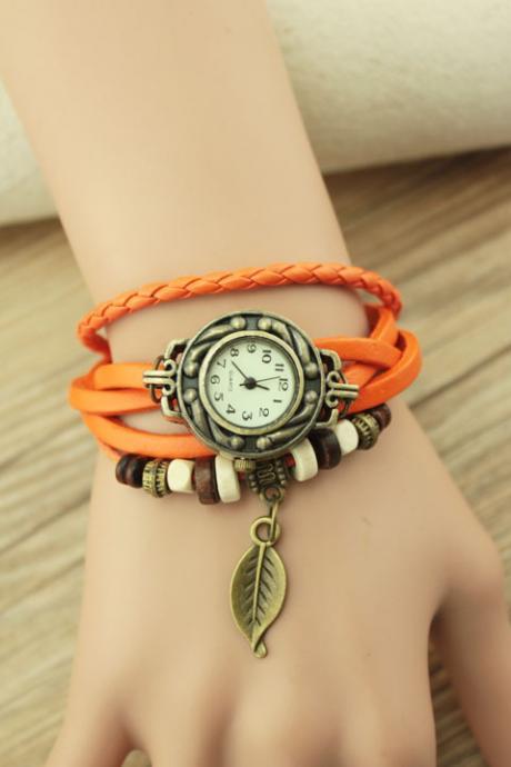 Handmade Vintage Woman Girl Lady Quartz Wrist Watch Style Leather Band Watches Orange