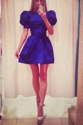 Slim Blue Short-sleeved Dress Bh04