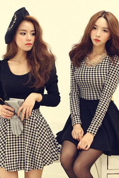 New Pop Womens Spring Houndstooth Puff Sleeve Round Neck Knit Long Sleeve Slim Dress