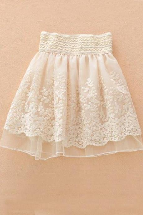 High Quality Cute Apricot Embroidery Tiered High Waist Loose Chiffon Skirt in Stock, Lovely Skirt, Skirts, Women Skirts