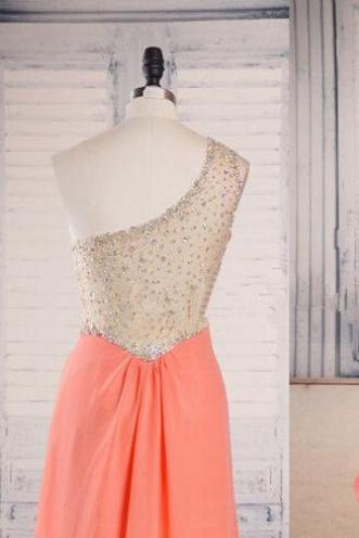 One Shoulder Coral Prom Floor Length Style Prom Dresses 2016 With Beadings, Prom Gown, Prom Dresses 2016, Evening Dresses 2016