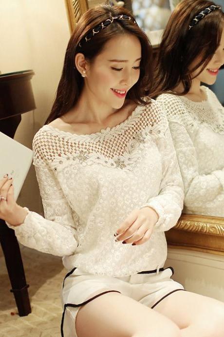 Fashion Women Sheer Sleeve Embroidery Lace Crochet Tee Chiffon Shirt Blouse Top