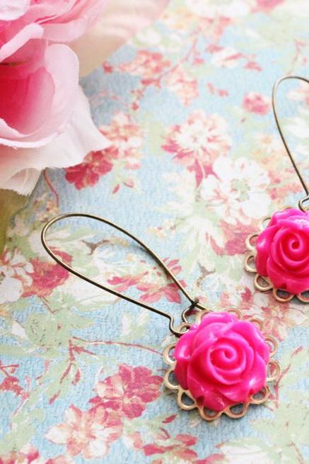 Bright Pink Rose Flower Earrings