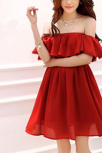 Red Falbala Off Shoulder Stretchy Draped Boned Bodice Dress