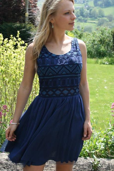 GUESS Blue Sleeveless Skater Dress with Embroidered Bodice and full skirt
