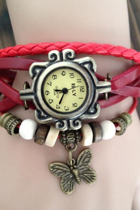 Handmade Vintage Real Leather Strap With Butterfly Decorated Watches Woman Girl Quartz Wrist Watch Bracelet Red