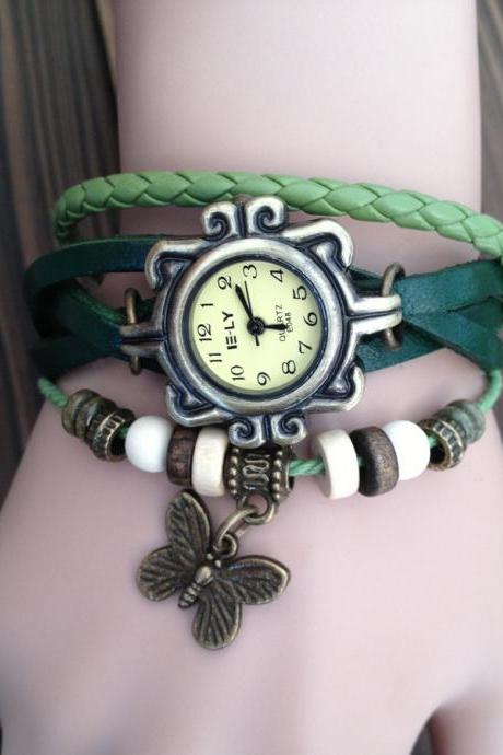 Handmade Vintage Real Leather Strap With Butterfly Decorated Watches Woman Girl Quartz Wrist Watch Bracelet Green
