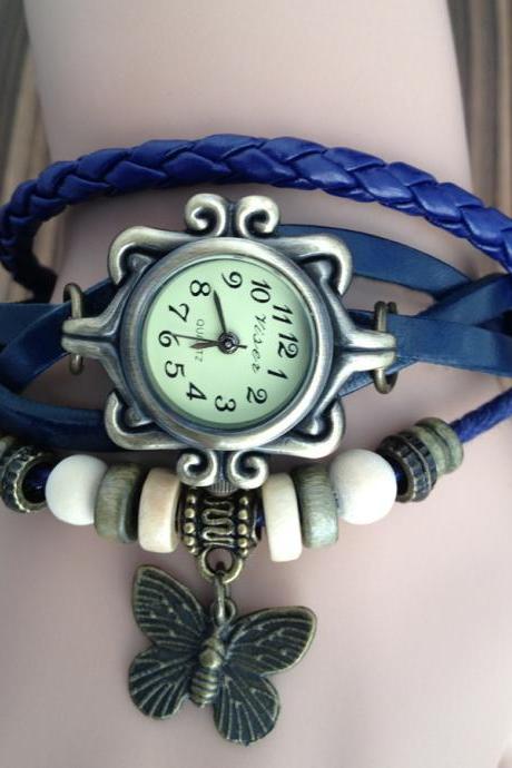 Handmade Vintage Real Leather Strap With Butterfly Decorated Watches Woman Girl Quartz Wrist Watch Bracelet Blue