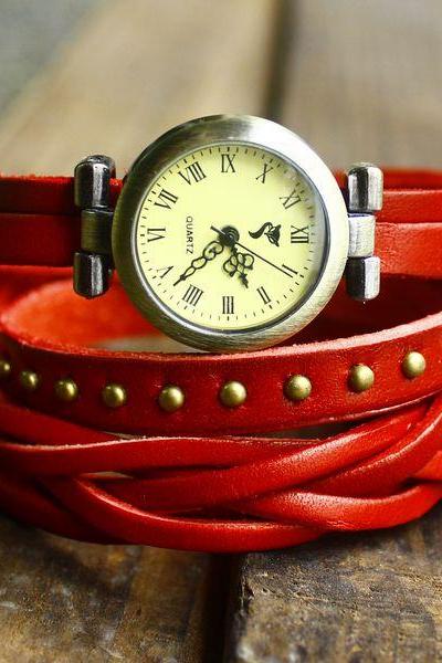 Fashion Woven Rivets Leather 3 Circles Retro Watch
