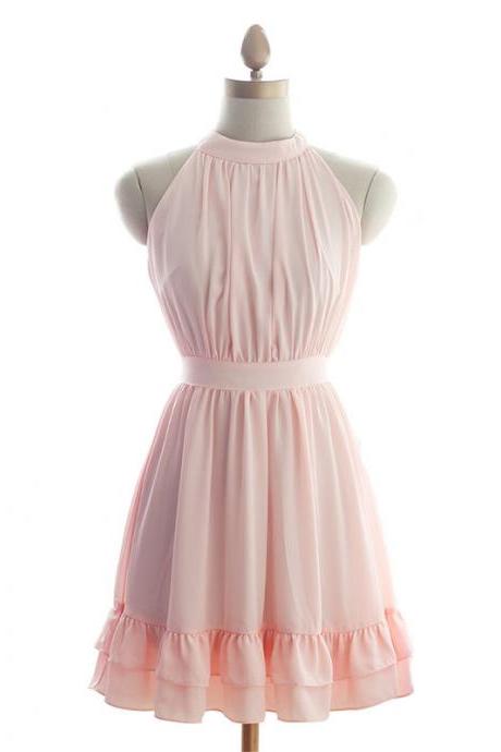 Pretty Chiffon Pink Halter Short Prom Gown With Bow, Cute Short Prom Dresses 2015, Bridesmaid Dresses, Formal Dresses, Homecoming Dresses,