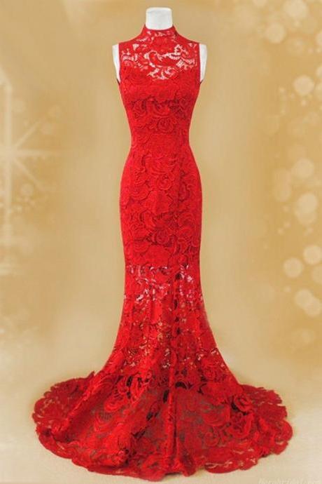 Pd153 Lace Prom Dress Mermaid Prom Dress High Neck Prom Dress 