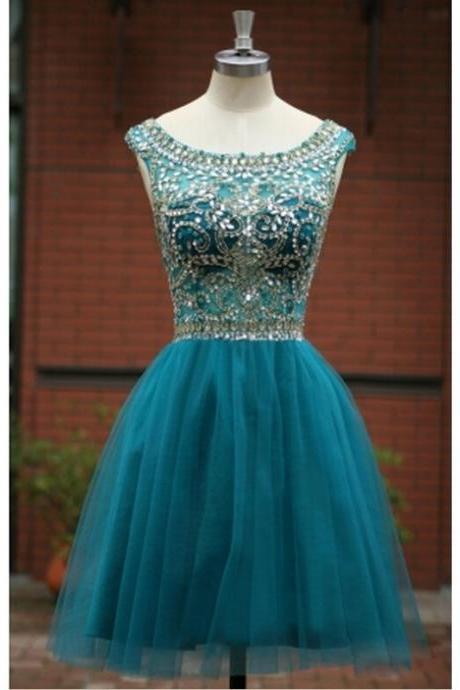 Handmade A-line Teal Knee Length Tulle Prom Dress 2015 With Beadings,evening Dress With Bow, Prom Dresses 2015, Graduation Dresses, Homecoming