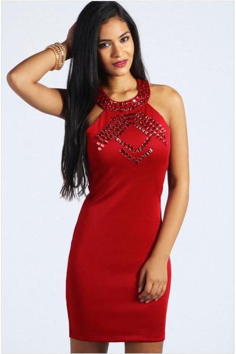 Women Red Stylish Halter Scarlet Gem Detail Party Club Bodycon Mini Dresses