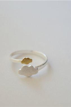 Silver cloud ring, one silver cloud, one gold cloud, sterling silver made,14k gold plated, adjustable, one size suits all (JZ17)