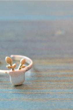 Silver Deer ring, plant shape ring,14k gold plated, adjustable, one size suits all (JZ15)