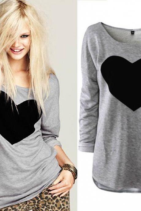 Fashion Women Lady Cute Heart Love Round Neck Long Sleeve Top T-shirt Blouse New