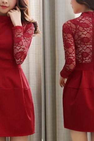 Slim round neck long-sleeved lace dress WE12806OP