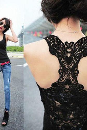 Lady Sexy Lace Flower Tank Top Sexy Cami Sleeveless Casual Cotton T-Shirt
