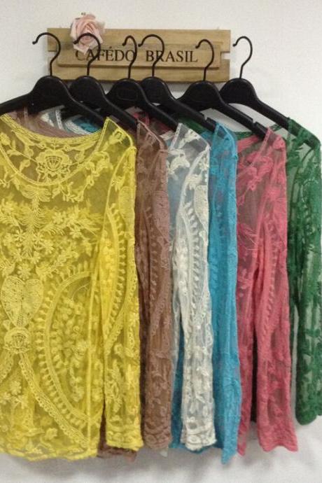 Womens Long Sleeve Hollow-Out Lace Embroidery Floral Crochet Blouse Shirt