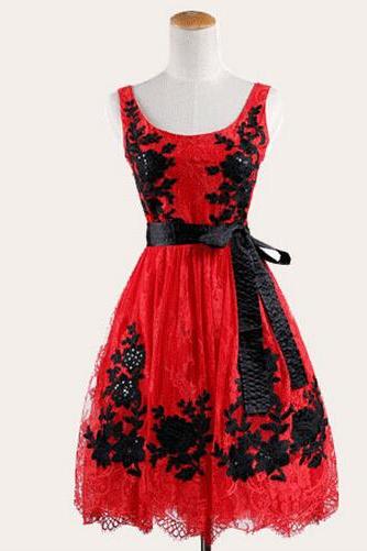 Gorgeous Red Lace Embroidery Party Dresses With Bow, Elegant Lace Party Dresses, Formal Dresses, Prom Dresses 2015