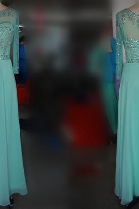 Beautiful Sexy Chiffon Floor Length Evening Dresses 2015, Sparkle Evening Dresses , Beads Evening Dresses , Long Sleeve Evening Dresses