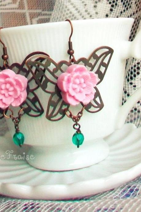 Rosa Silvana, Butterfly Earrings - &amp;amp;#039;treasures&amp;amp;#039; Collection, Vintage Style, Pink And Teal