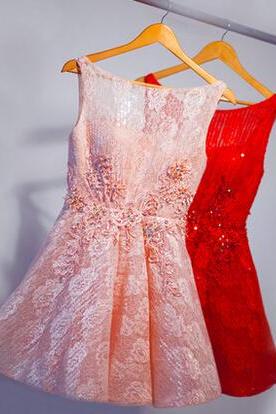 Pretty Short Handmade Lace Lovely Open Back Prom Dresses With Applique, Homecoming Dresses, Lovely Graduation Dresses, Mini Prom Dresses