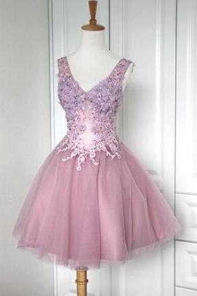 Cute Tulle V-neckline Short Lace-up Prom Dresses 2016 with Applique, Lovely Short Prom Dresses 2016, Homecoming Dresses, Graduation Dresses