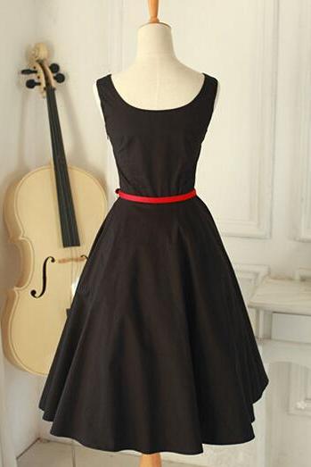Elegant Simple Black Party Dresses With Red Belt, Vintage Black Dresses, Women Dresses, Black Dresses