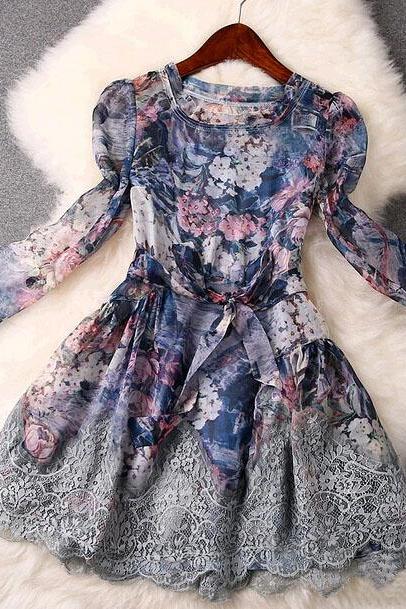 Elegant Printing Stitching Lace Long-sleeved Dress Ax20205