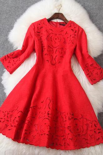 Retro Hollow Jacquard Embroidered Red Dress Ax20301ax