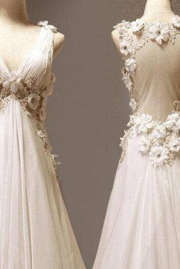 Handmade High Quality V-neckline Floor Length Open Back Prom Dress With Flowers, Long Prom Dresses, Evening Dresses, Formal Dresses