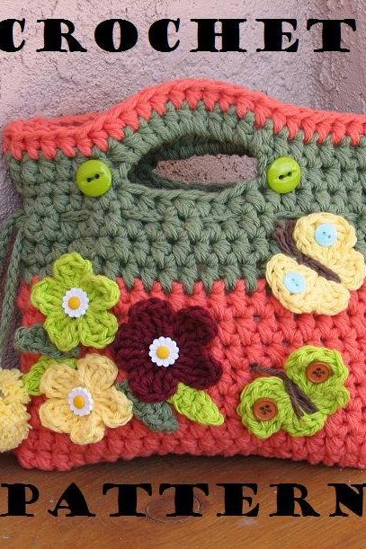 Girls Bag / Purse with Flowers Butterfly and Pom Pom, Crochet Pattern PDF,Easy, Great for Beginners, Pattern No. 9