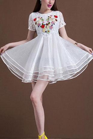 new Sexy Embroidery Flower Short Sleeve Layered Lace Bodycon Flare Dress