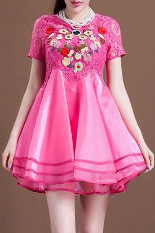 new fashion Sexy Embroidery Flower Short Sleeve Layered Lace Bodycon Flare Dress