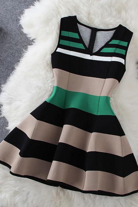 New Fashion Stripe Sleeveless V-Neck Dress