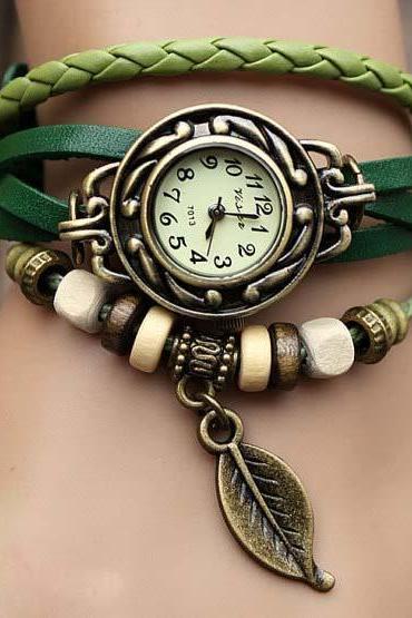 Sexy leather wrap watch, leather band wrist watch, women wrist watches with vintage ,leaf, Leather watch bracelet
