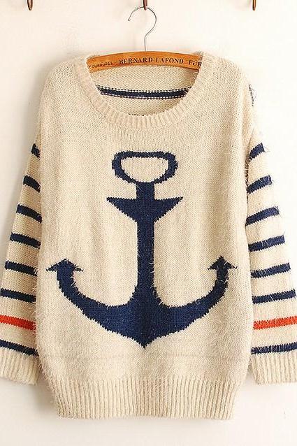 Fashion Blue Pullover Navy Anchor Stripe Mohair Sweater 