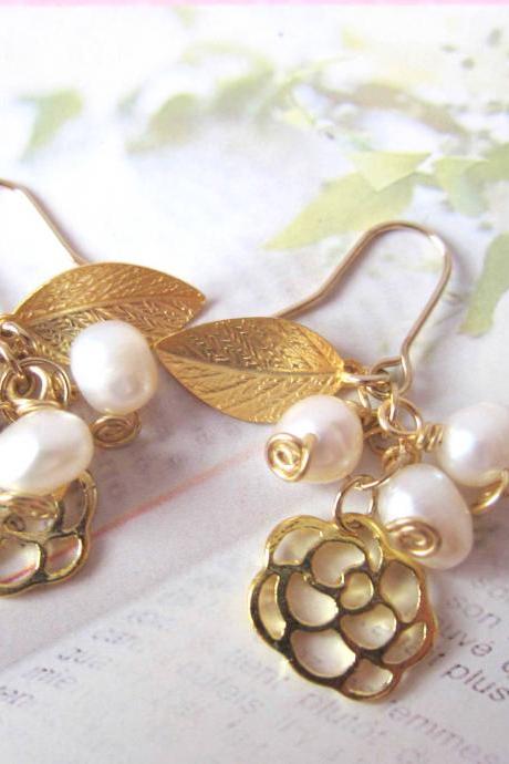 O' My Pearly Garden Earrings - 14K gold-plated, gold plated Leaf & Rose Charms, Fresh water pearls